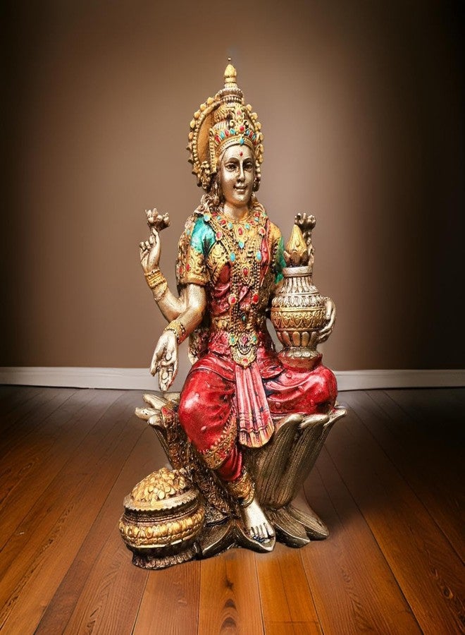 A & S VENTURES Resin MATA Lakshmi Ji Blessing Idol Big Laxmi Murti for Mandir, Diwali, and Prosperity Decoration On Lotus Murti Lakshmi Goddess of Money and Wealth, 10 x 8 Cm, Multicolour - Image 1